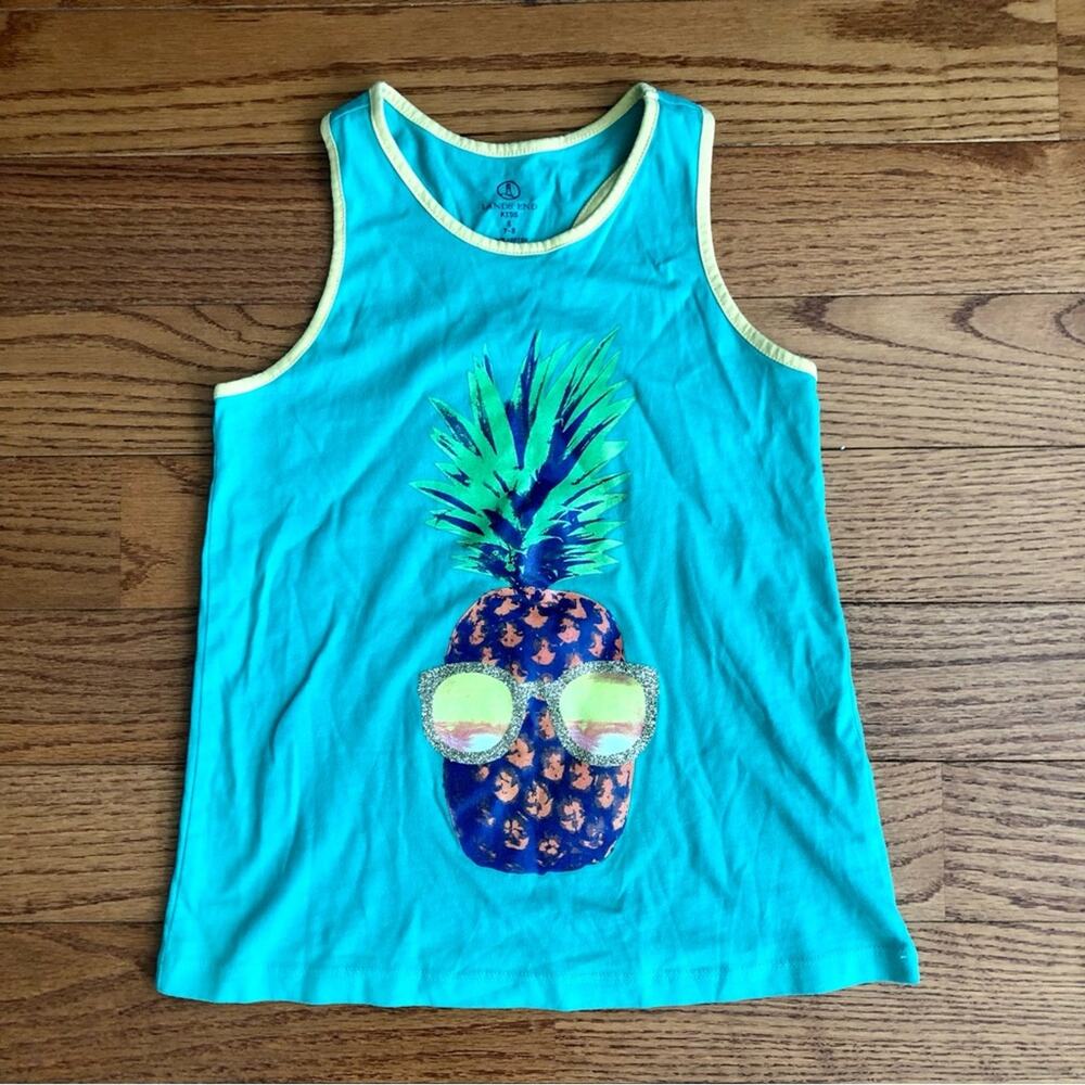 Lands’ End Pineapple Graphic Print Sleeveless Green Yellow Tank Top Girl’s SZ S